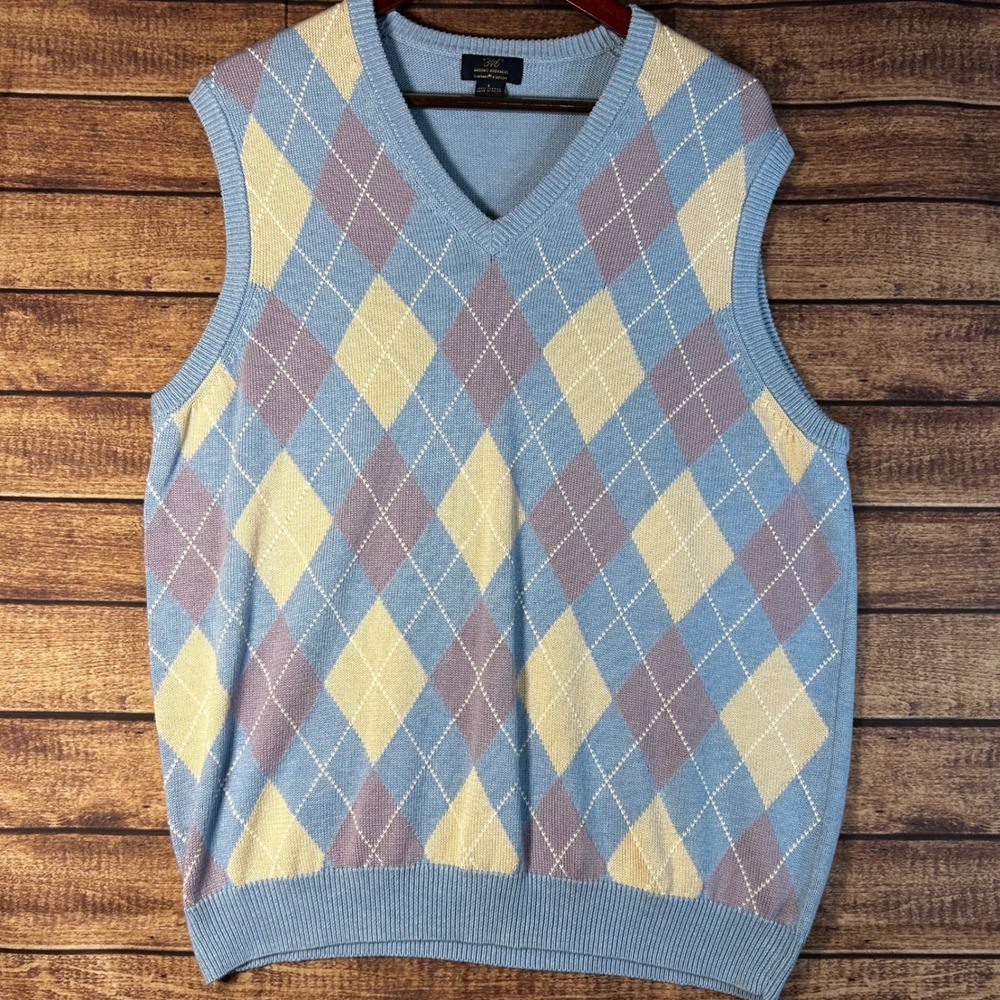 Brooks Brothers‎ 346 Mens Argyle Supima Cotton V-Neck Sweater Vest Blue Large